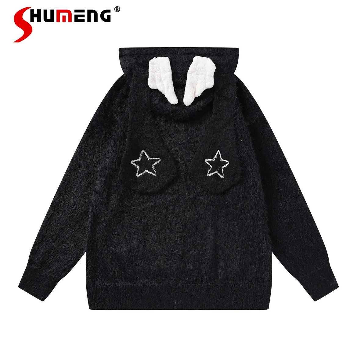 Original Sweet Two-Dimensional Rabbit Ear Wings Plush Sweater Woman Y2k Soft Cartoon Printed Long Sleeve Hooded Knitted Sweater