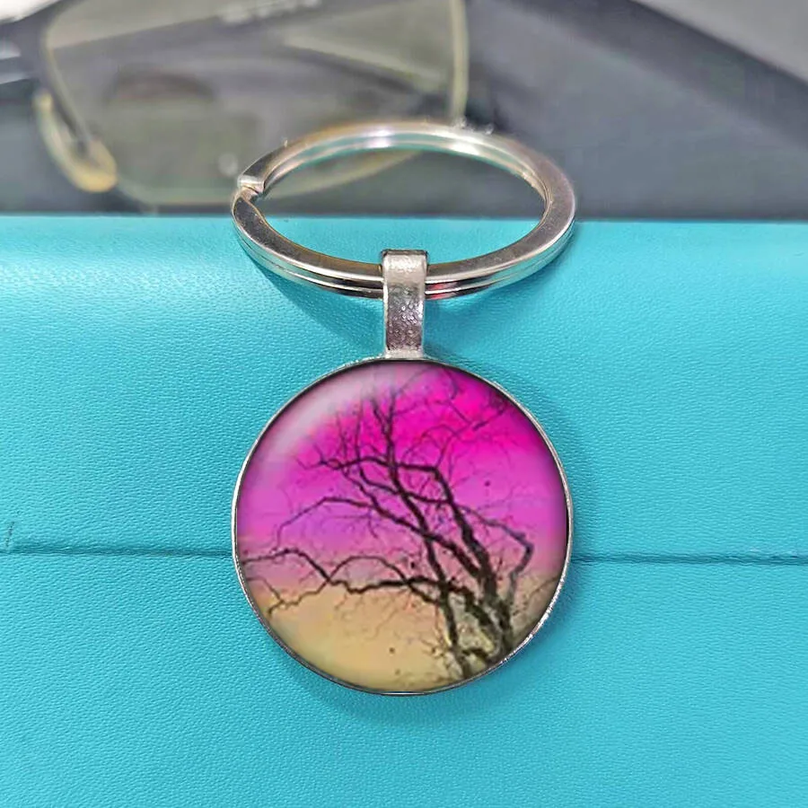 Watercolor Splash Bare Tree Of Life Cabochon Keychain, Nebula Rainbow Ink Wash Multicolor Splatter Background Tree Gift