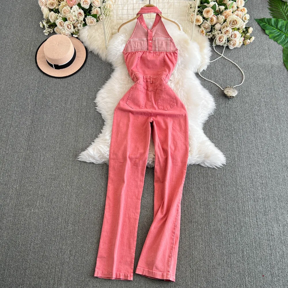 Neploe New Vintage Turn-down Collar Sleeveless Bodysuit Korea High Waist Elegant Jumpsuit Safari Style Denim Straight Ropa Mujer