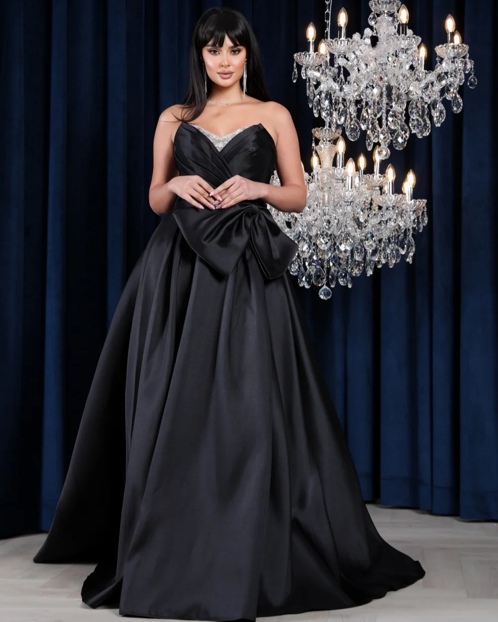 

Customized High Quality Women Jersey Sequined Bow A-Line Evening Dresses Elegant Sweetheart Sleeveless Floor Lenght Prom Dresses