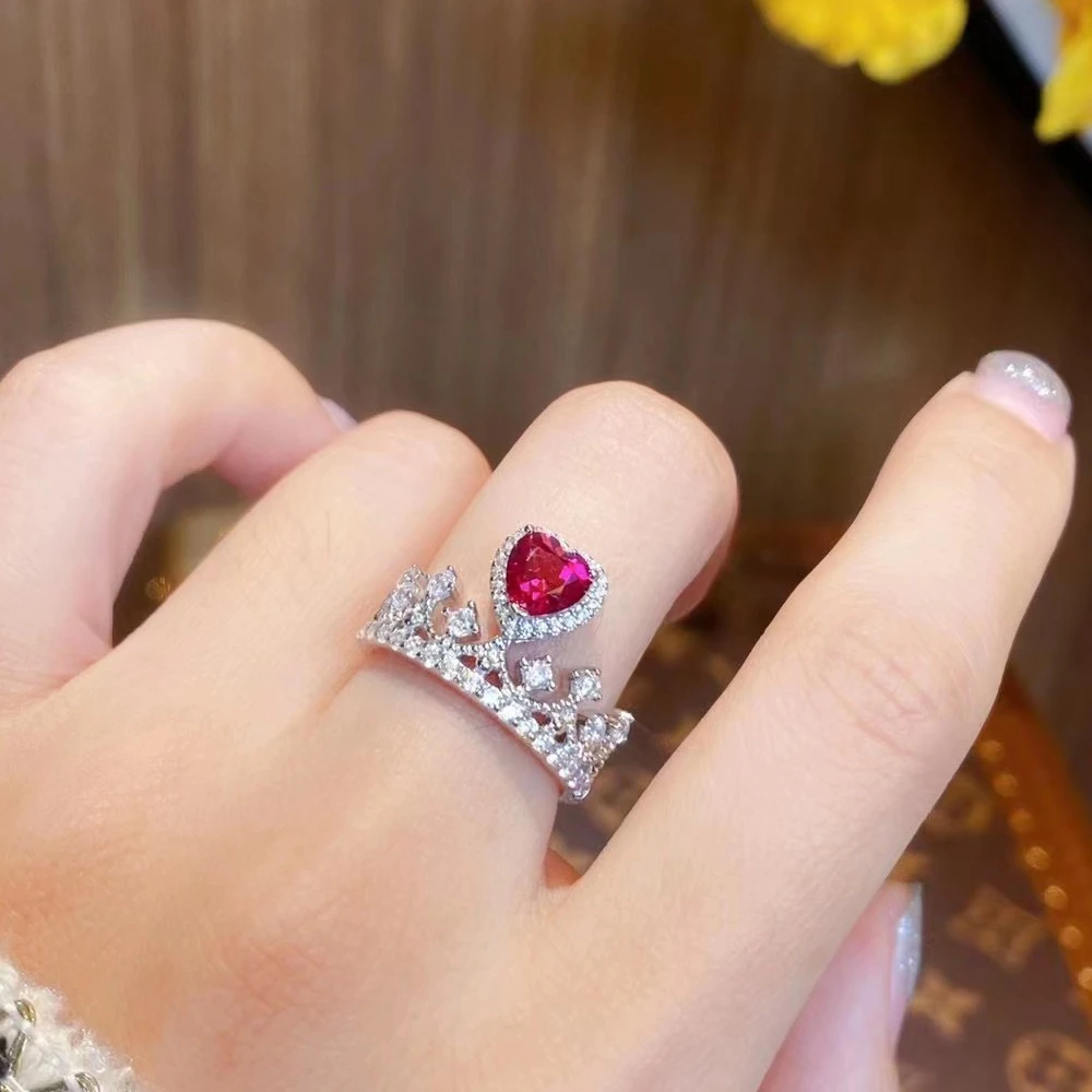 WUIHA Real 925 Sterling Silver Heart Cut 6.5MM Ruby Fancy Vivid Red Sapphire Anniversary Crown Ring for Women Gift Drop Shipping