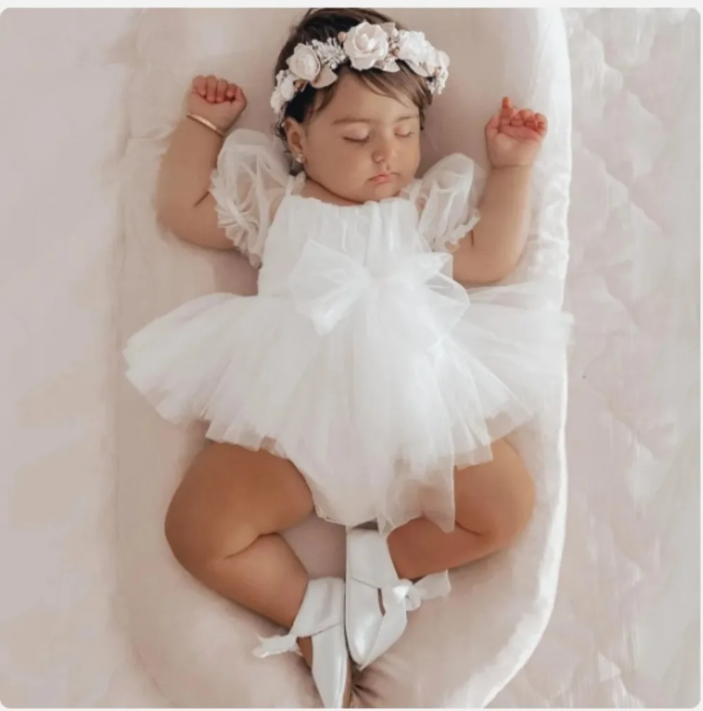 

0-24M Princess Baby Girl Romper Newborn Infant Toddler Tulle Jumpsuit +Headband Princess Birthday Puff Sleeve Outfits