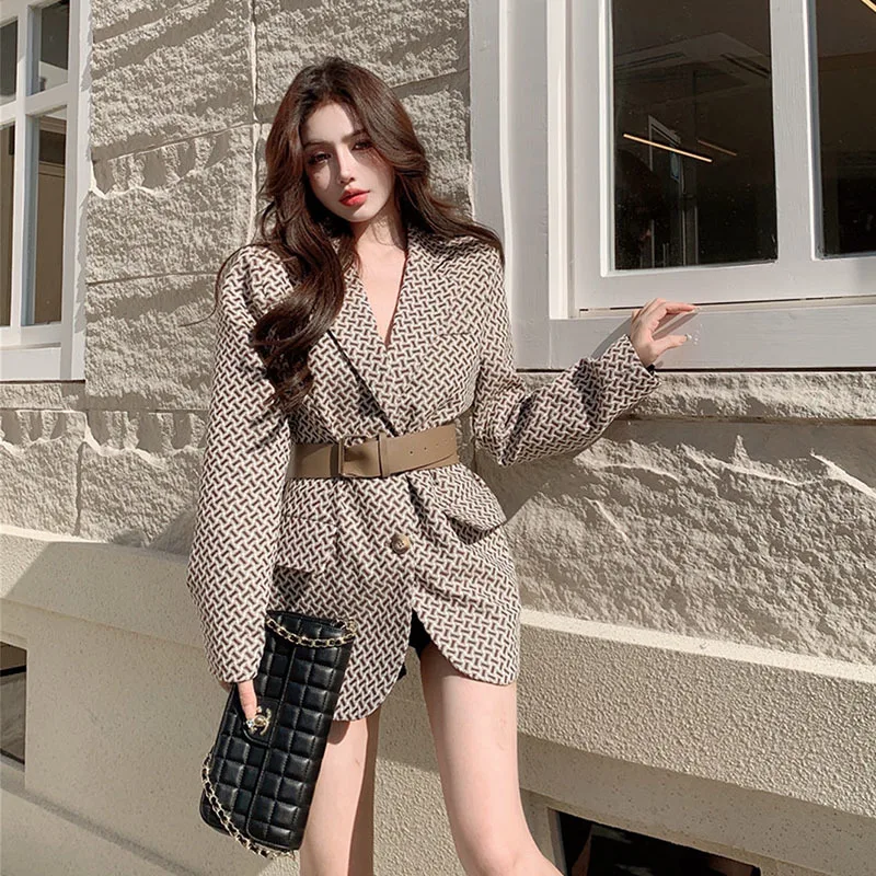 

Vintage Plaid Suit Jacket With Sashes Women Notched Collar Long Sleeve Loose Casual 2023 Spring Autumn Female Blazers Outwear