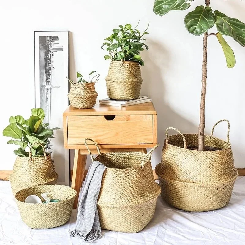 Seaweed wicker basket, rattan hanging flower pot, flower basket, dirty clothes storage