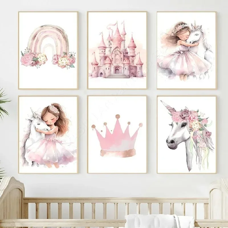Póster de lienzo con nombre personalizado, corona de castillo de unicornio, arcoíris, princesa rosa, cuadro sobre lienzo, imágenes impresas para decoración de habitación de niñas y niños