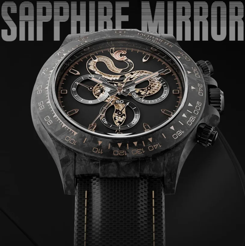 CRONUSART Men Chronograph Watch Pilot 40mm Automatic Mechanical Wristwatch Carbon Fiber Case Luminous Sapphire Mirror Snake Dial