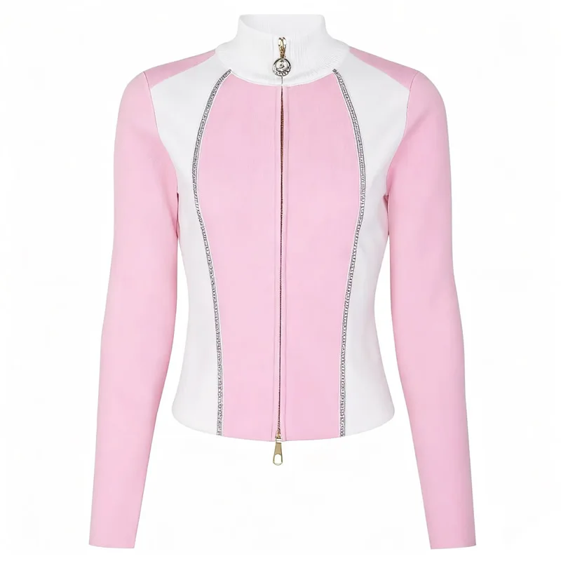 New Colorblock Women Zipper Design Top And Knitted Cotton Trousers