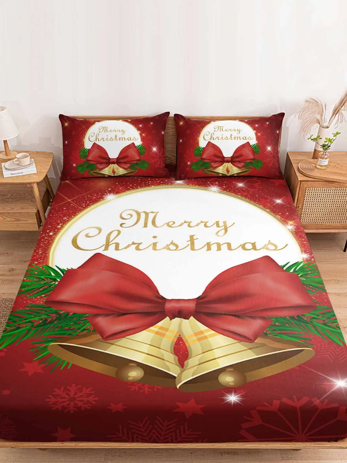 Christmas Bells Red Festival Queen Size Bed Mattress Fitted sheet Elastic Rubber Band Non-slip Bed Sheet Pillowcase Set