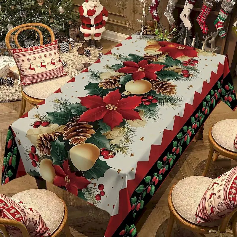 VIKAMA Poinsettia Santa Ginger Tablecloth, 6 Designs, Waterproof Washable Table Cover for Kitchen Dining Party