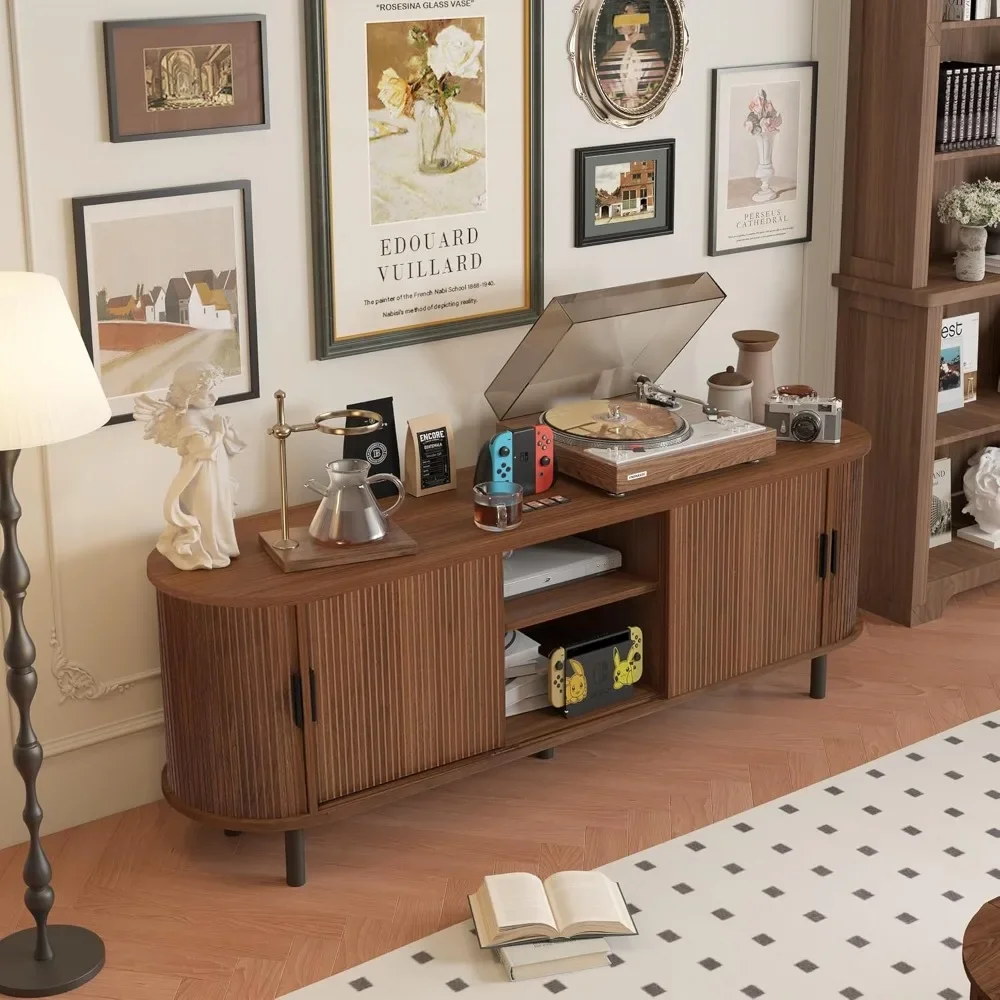 63" Fluted TV Stand for 65/70 Inch, Mid Century Modern Console With Sliding Doors, Curved Gaming Entertainment Center