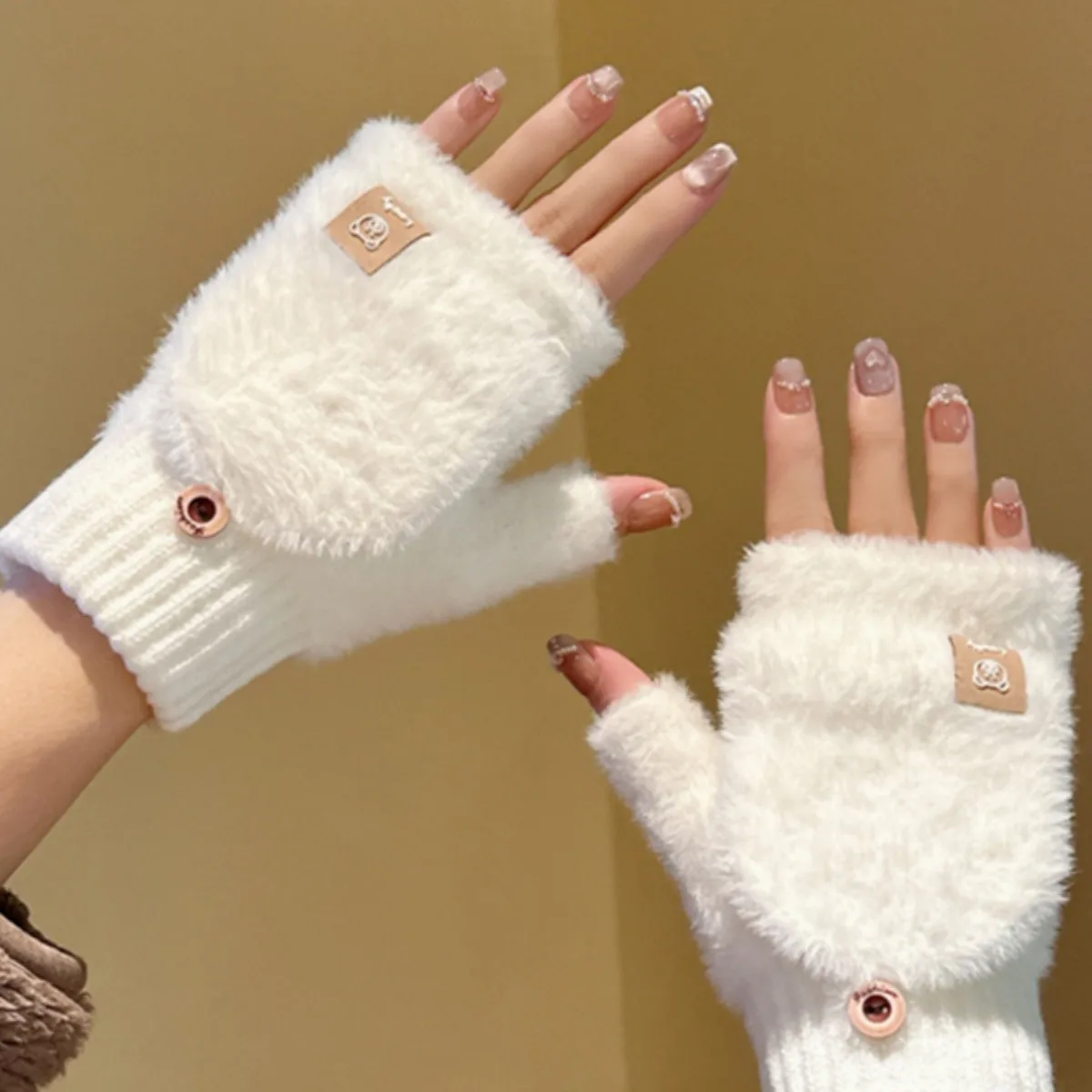 Winter Women's Fuzzy Gloves Flip-Top Student Writing Fingerless Mittens Warm Thick Cute Bear Typing Office Plush Lady Gloves