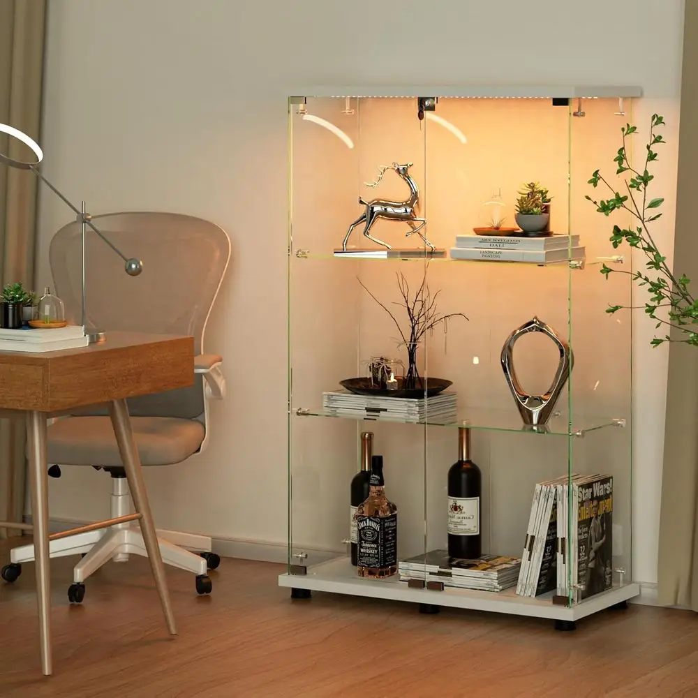 

White LED-lit Double Door Curio Cabinet with 3 Shelves, Tempered Glass, for Living Room or Bedroom