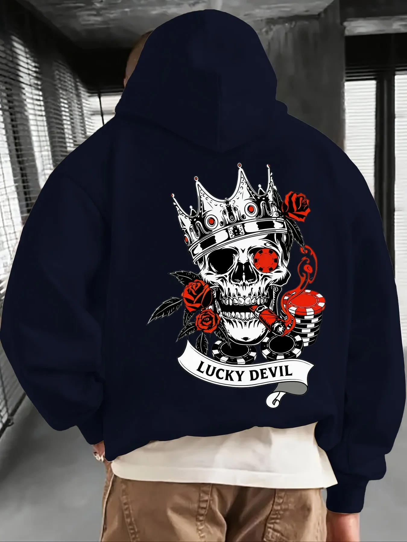 Trending Lucky Devil Crown Skull Rose Poker Chip Graphic Hoodie Back Print Pullover Hoodie Unisex Loose Hoody