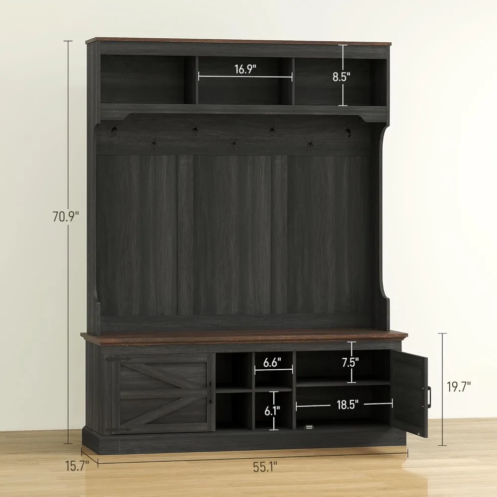 رف معطف المدخل على طراز المزرعة مع مقعد وتخزين، رف أحذية قائم بـ 7 خطافات لغرفة الطين، شجرة قاعة خشبية سوداء