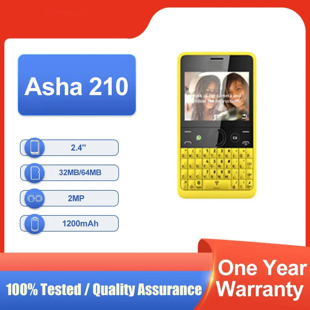 هاتف محمول أصلي غير مقفول Asha 210 بشريحتين 64 ميجابايت وذاكرة قراءة فقط 32 ميجابايت وذاكرة وصول عشوائي 2.4 بوصة مزود بتقنية البلوتوث MP3/MP4 وشحن سريع وحالة جيدة