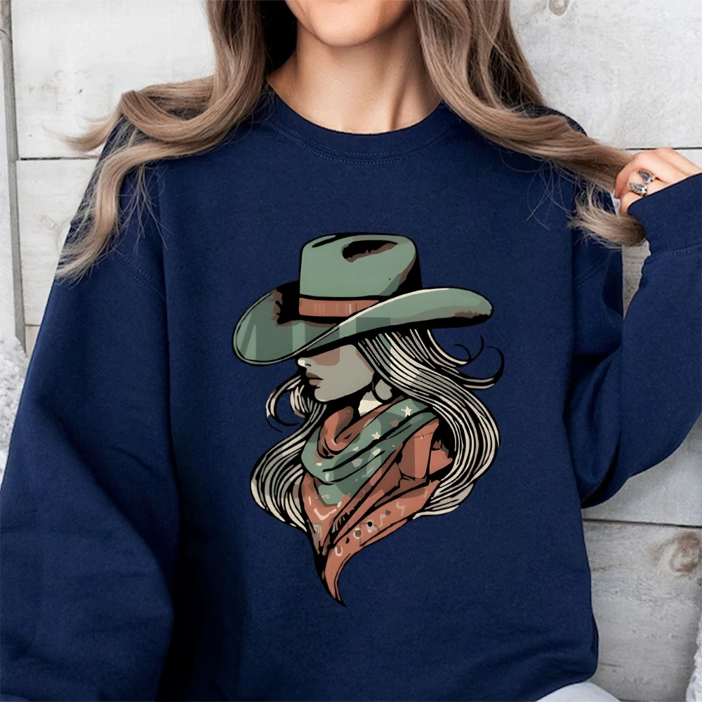 Y2k グラフィックスウェットシャツカウガールハットスカーフプリントスウェットシャツウエスタンソフト生地カジュアル服トレンディなユニークな大胆な雰囲気スウェットシャツ