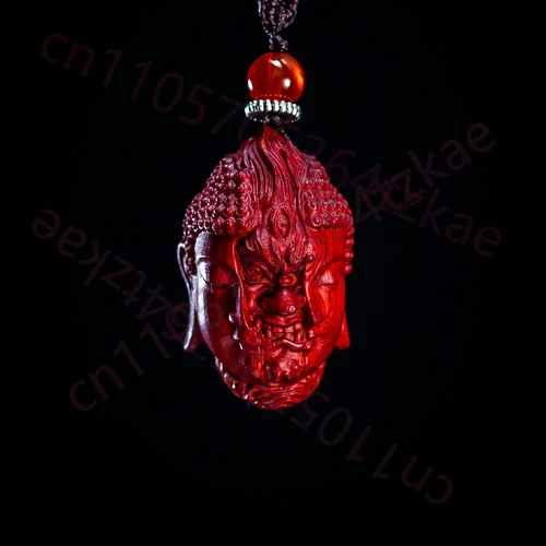 

Hand Carved Wooden Buddha Demon Head Duality Pendant Charm Keychain Spiritual Art Figurine Ornament Car Bag Hanging Unique Gift