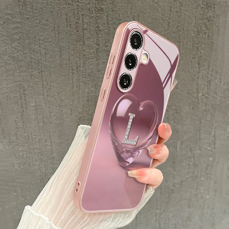 Pink heart-shaped letter L pattern glass phone case suitable for Samsung Galaxy S26 S25 S24 S22 S21 S20 FE/Ultra/Plus anti drop