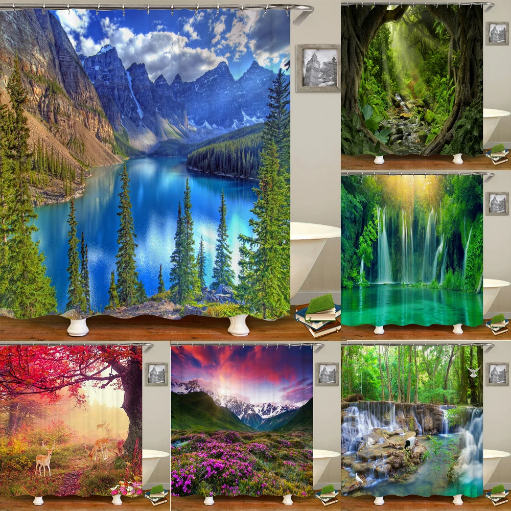 

Dafield Mountain Shower Curtain Nature Pictures Lake Landscape Primitive Smoky Cloth Black Forest Fabric Bathroom Shower Curtain