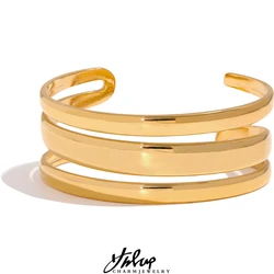 Yhpup Stainless Steel Statement Gold Color Cuff Bracelet Bangle Metal Texture Multi-Layer Temperament Fashion Waterproof Jewelry