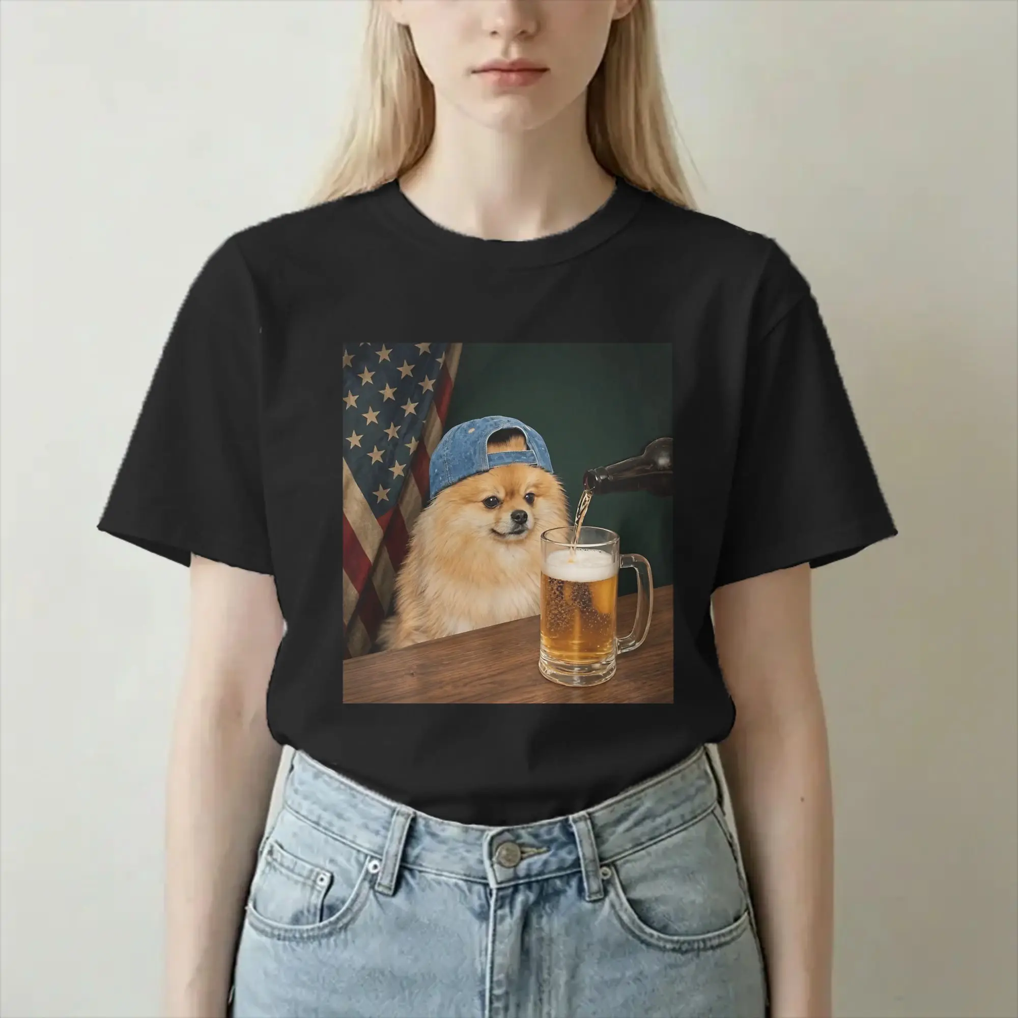 Camiseta masculina e feminina, camiseta engraçada e patriótica com cão pomerânia bebendo cerveja, camisetas americanas de algodão puro, gola redonda, 