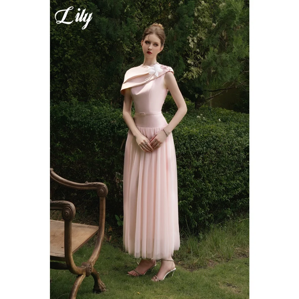 Lily Elegant Pink Asymmetric Neck Prom Dress Satin And Tulle Evening Dress Belted A-Line Midi Formal Occasion Gown Customized