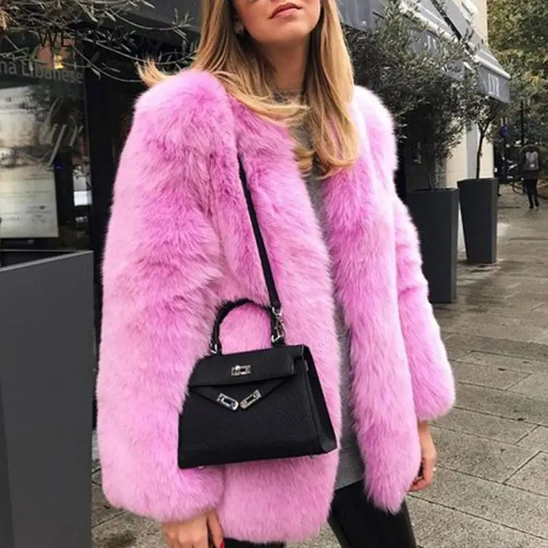 Inverno quente branco do falso casaco de pele das mulheres manga longa rosa luxo elegante fofo falso pele de coelho blazers outfits moda streetwear