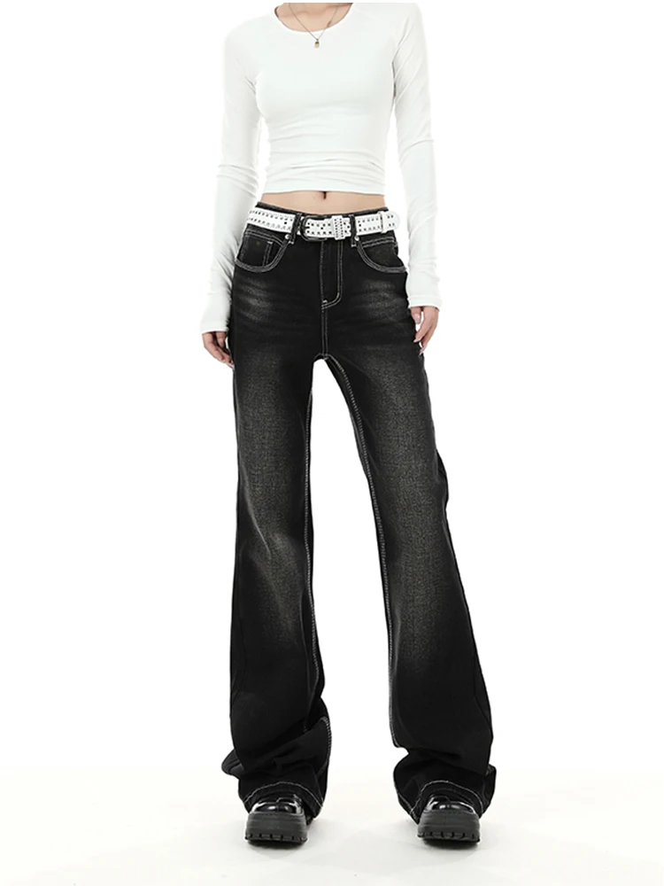冬のレディースブーツカットジーンズ、ヴィンテージフレアパンツ、ローライズベルボトム、Y2Kカウボーイ、ブラックデニム、原宿スキニージーンズ、高品質