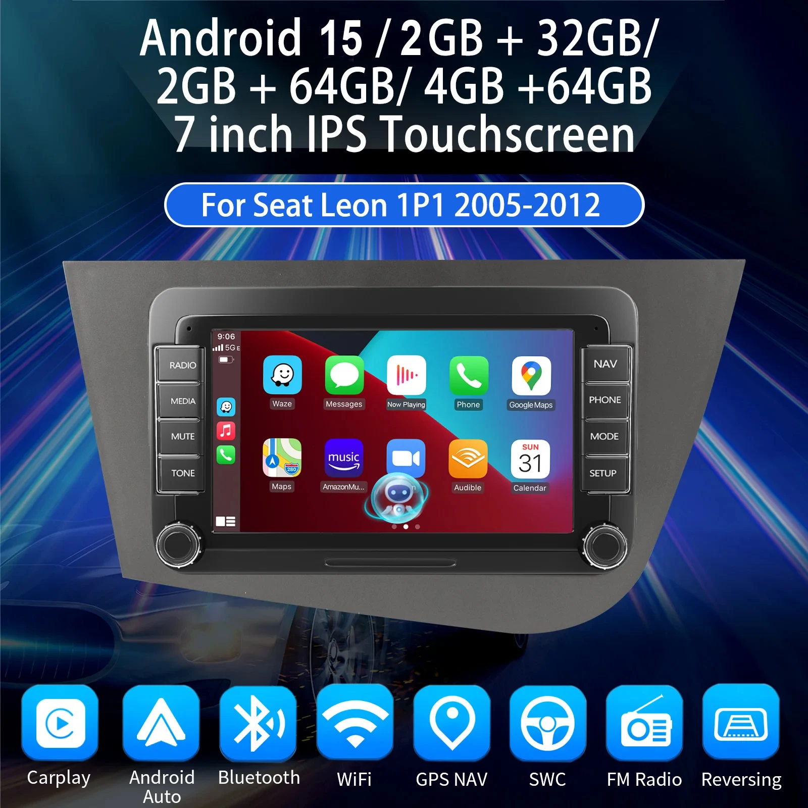 ESSGOO 7'' 32/64GB Android 15 Für Seat Leon 1P1 05-11 Touchscreen GPS Navi WIFI RDS Kabelloses Carplay Android Auto AI Sprachsteuerung Headunit – Detail 1
