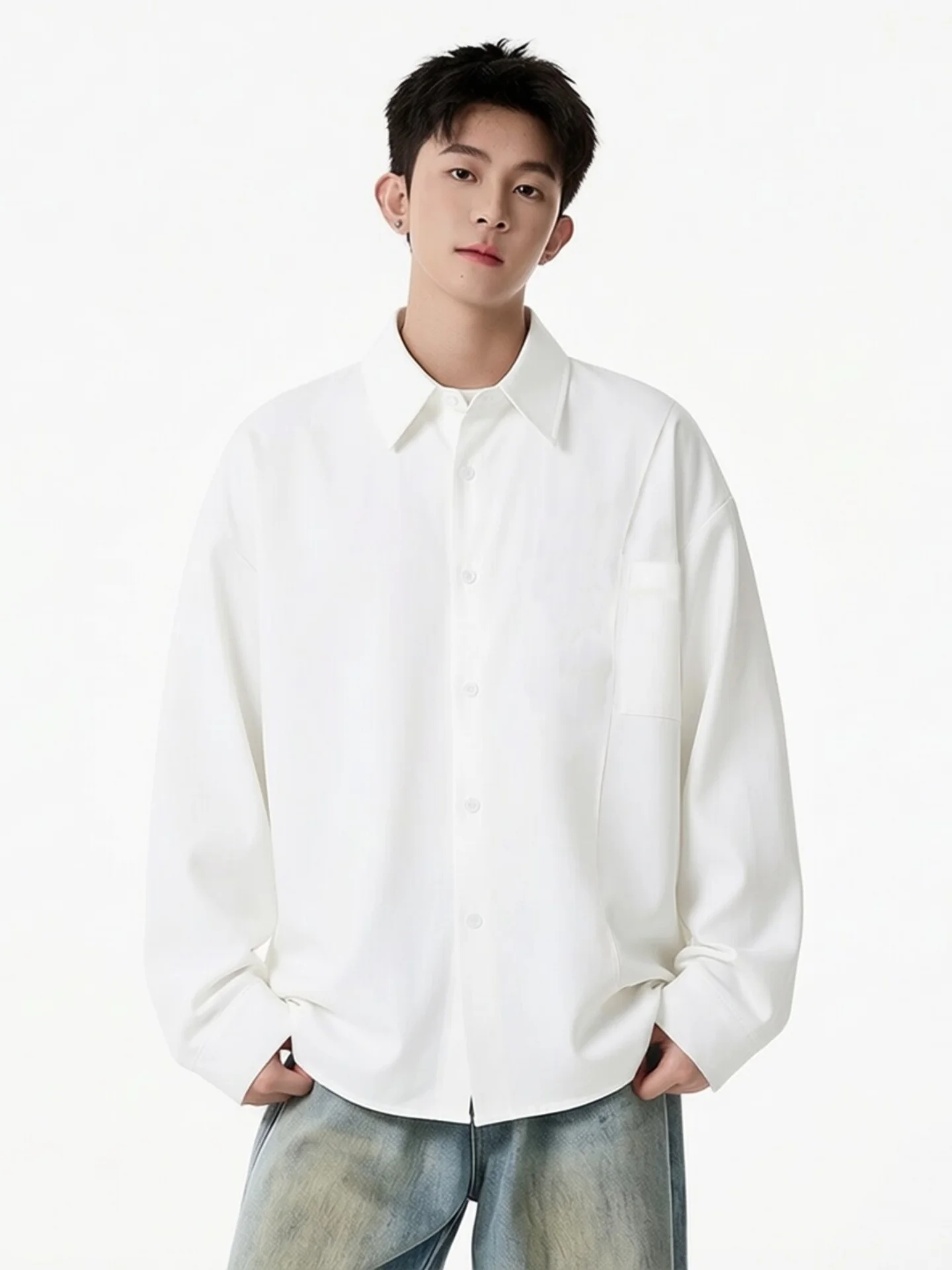

American Style Casual White Long Sleeve Men's Shirt Cleanfit Deconstructed Pocket Inner Wear Loose Fit Summer Fashion