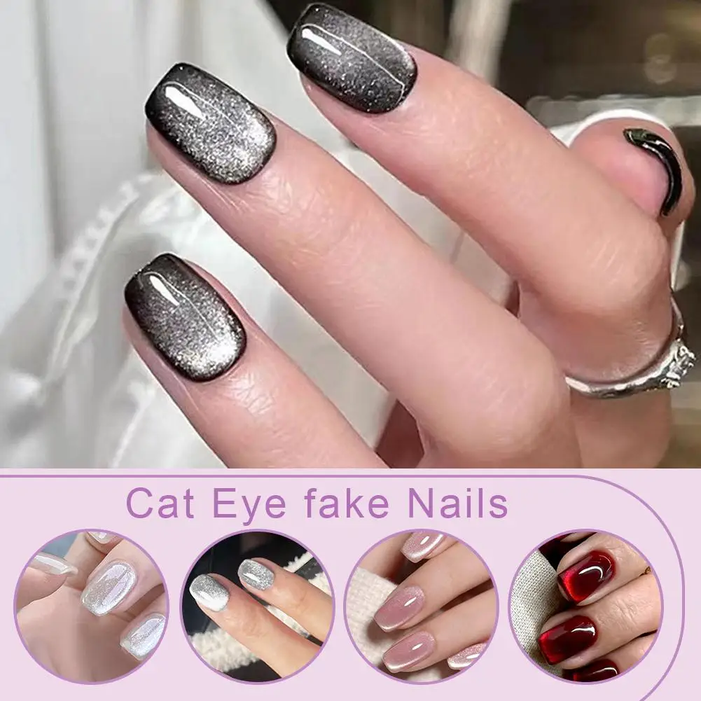 24pcs Fake Nails Square Head Fake Nail  Eye Gel Nail Polish Ceramic Press On False Nails Short Full Cover Nail Tips