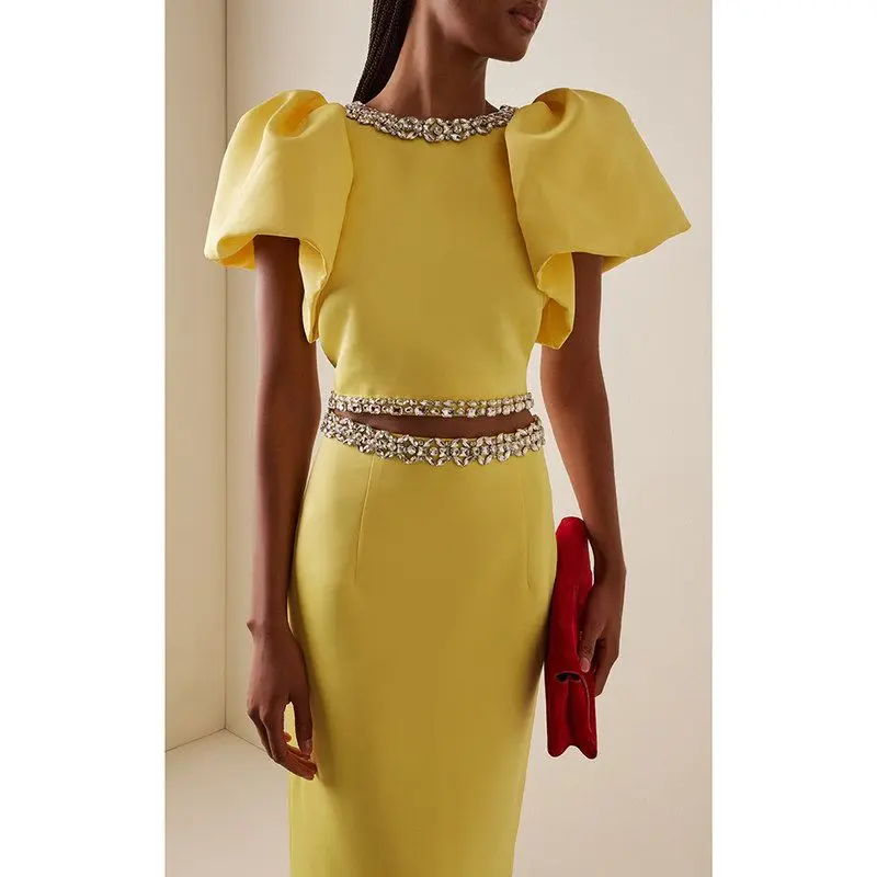 Women's Two-Piece Set Heavy Embellished Short Top Long Skirt with Bell Sleeves Diamond Embedded Fashionable Autumn Wear