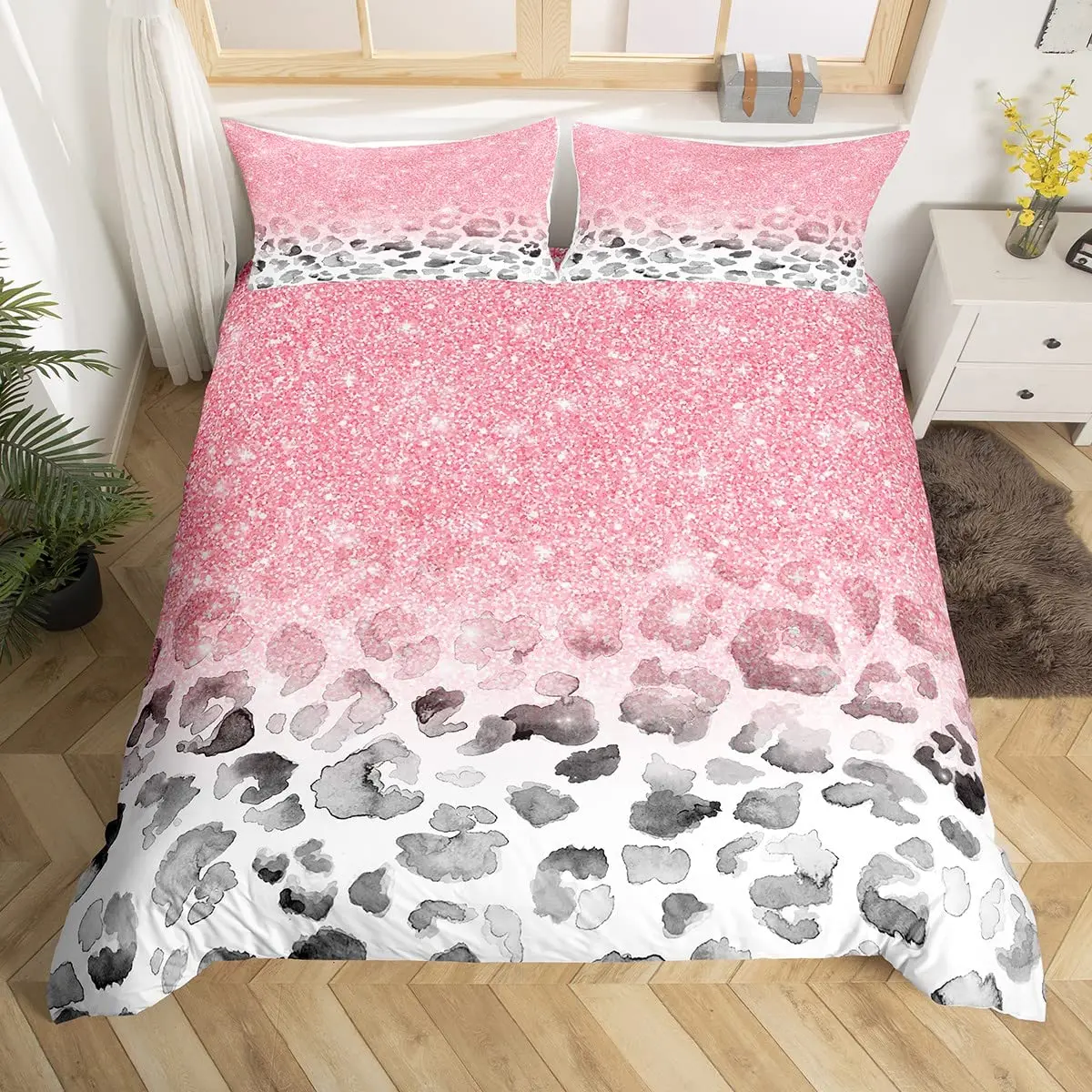 

Leopard Print Duvet Cover Pink Glitter Starry Romantic Comforter Cover,Cheetah Skin Abstract Bedding Set,Fashion Quilt Cover