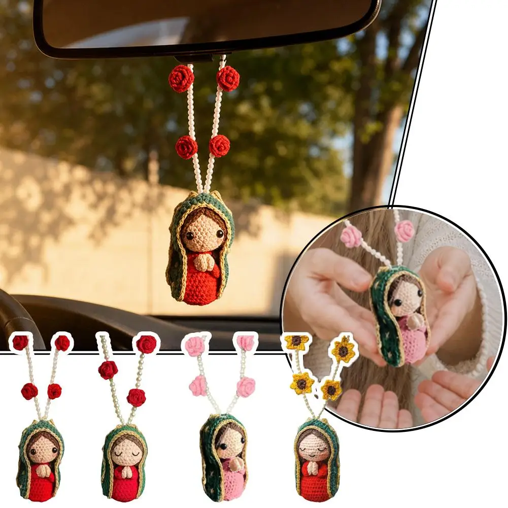 Hand Crochet Virgin Mary Car Hanging Pendant Cute Doll With Rose Sunflower Beaded Chain Religious Blessing Ornament Auto Decor