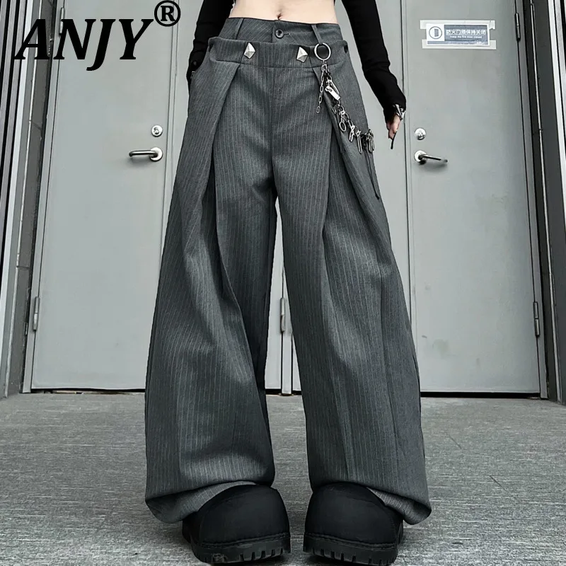 ANJY Spring Autumn New Women Stylish Double-Waisted Pleated Striped Loose Fit Suit-Pants Trendy Casual Wide Leg Ins Pants A21208