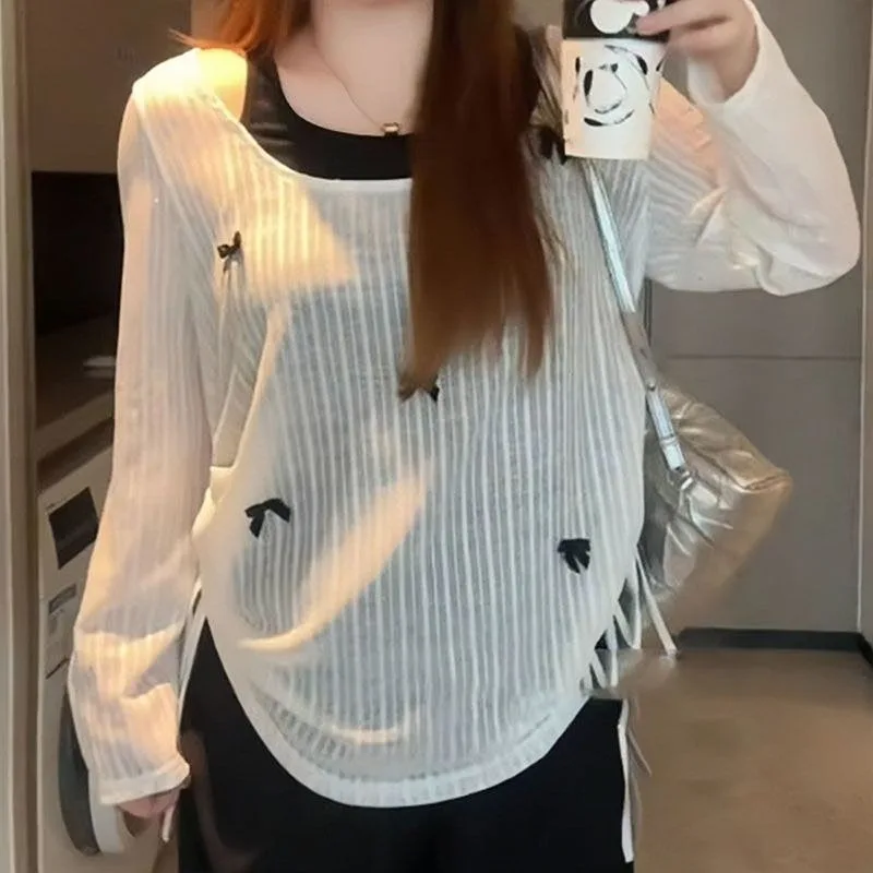 

New Miniso Hello Kitty T-shirt Loose Slimming Fake Two Items Sunscreen Draw Rope Long Sleeves Fashion Trends Versatile Tops