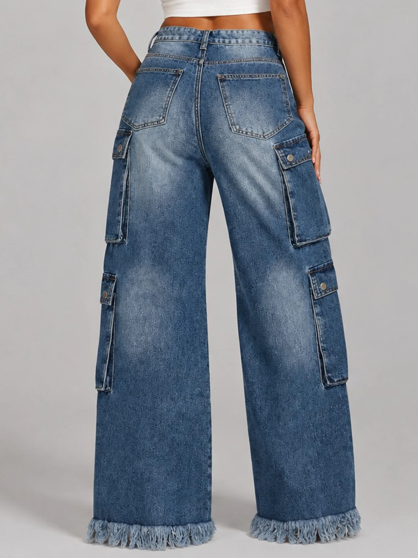 New Women's Loose Wide-leg Raw Hem Jeans, Multi-pocket Design, Street Style, Suitable for All Seasons