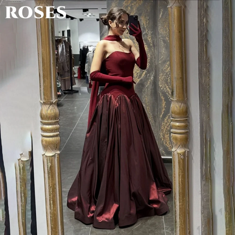 

ROSES Burgundy Stain A-Line Prom Dresses with Scarf Sweetheart Evening Dress فساتين السهرة Party Dress Customized