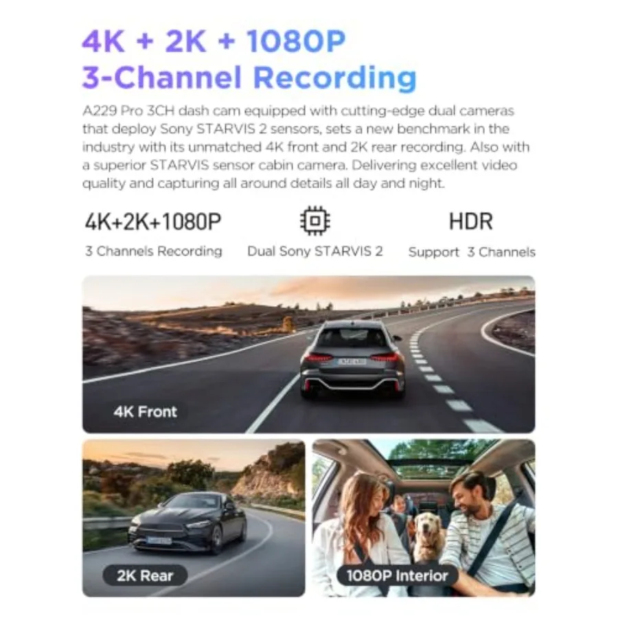 A229 Pro 4K 3CH Dash Cam HDR for Front and Rear and Inside with STARVIS 2 4K+2K+1080P 3 Channel Dash Cam, IMX678 and IMX675 STA view 2