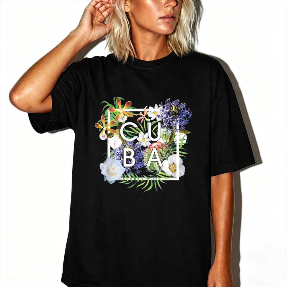 Women Cotton Short Sleeve T Shirt CUBA Tropical Orchid Daisy Cactus Floral Square Frame Print Summer Vacation Travel Daily Tees