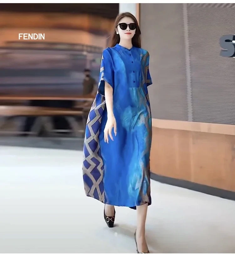 Medium Long Noblewoman Printed Dress Loose Fashion Age Reducing TieDye Dresses