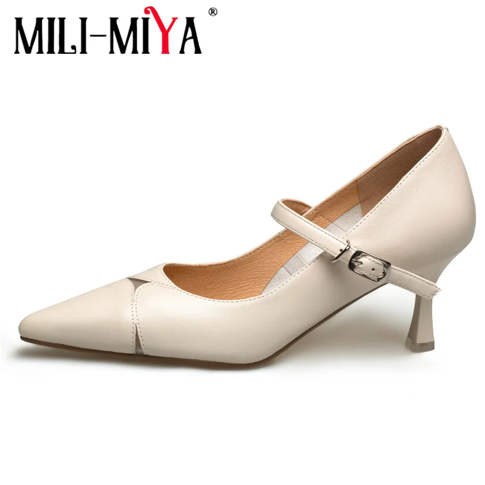 MILI-MIYA New Arrival Splicing Women Soft Sheep Skin Pumps Pointed Toe Thin Heels Buckle Strap Solid Color Dress Party Shoes