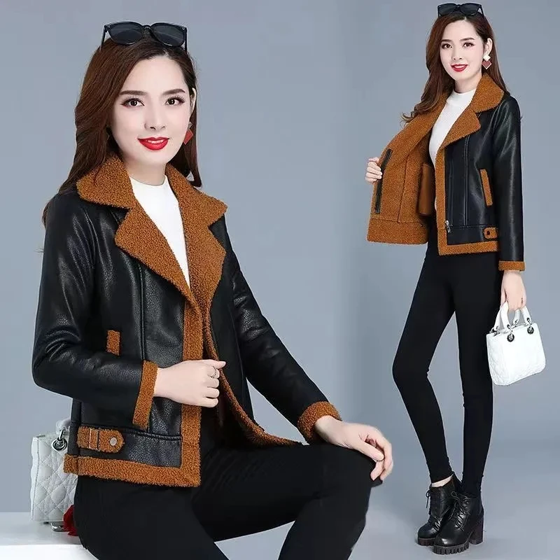 Women\'s Leather Coat Women\'s Autumn Winter New Motorcycle Short Fashion Leather Jacket Comfortable Warm Casual Solid Color Coat