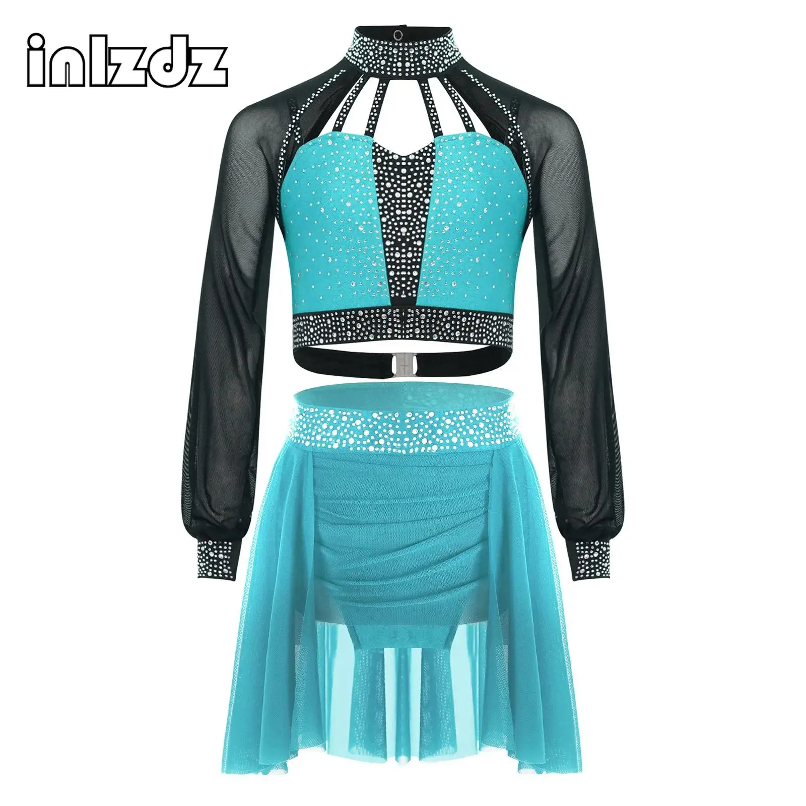 

Kids Girls Rhythmic Gymnastics Figure Skating Ballet Dance Outfit Rhinestones Crop Top+Skirts Teen Lyrical Modern Dance Costumes