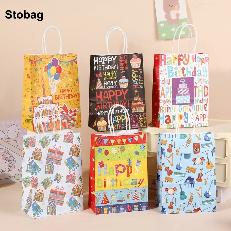 StoBag 24pcs Wholesale Happy Birthday Kraft paper Gift Tote Bags Kids Child Handbag Packaging for Candy Snack Pouch Party Favor