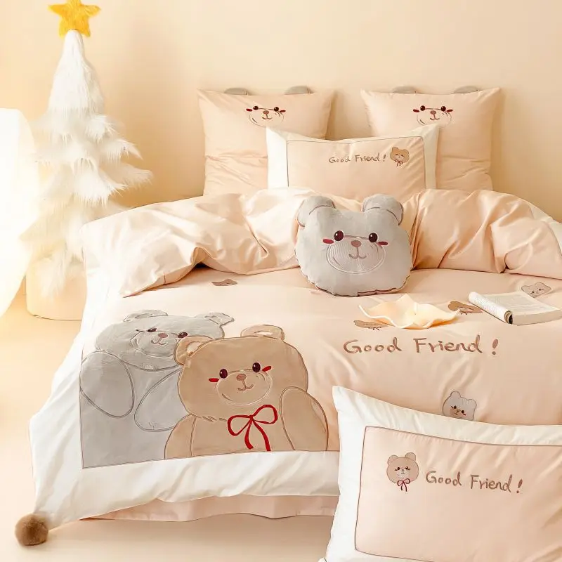 

Customizable100 pcs Class A Xinjiang Aksu long-staple cotton four-piece cartoon puff bear bedding