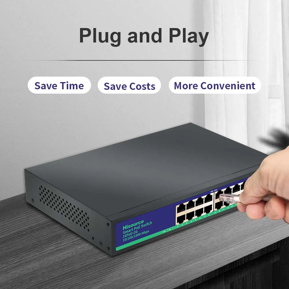 Hisource16 Port Full Gigabit POE Switch Active 48V Ethernet Switch uplink 2*1000Mbps IEEE 802.3af/at with VLAN for IPC/NVR