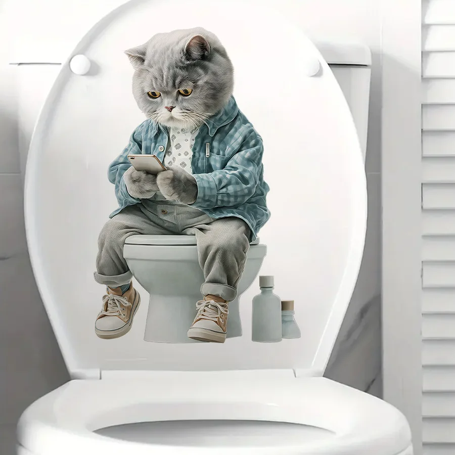 1set Cute Kitten on Phone Waterproof Toilet Seat Sticker Self Adhesive Removable Bathroom Wall Decoration