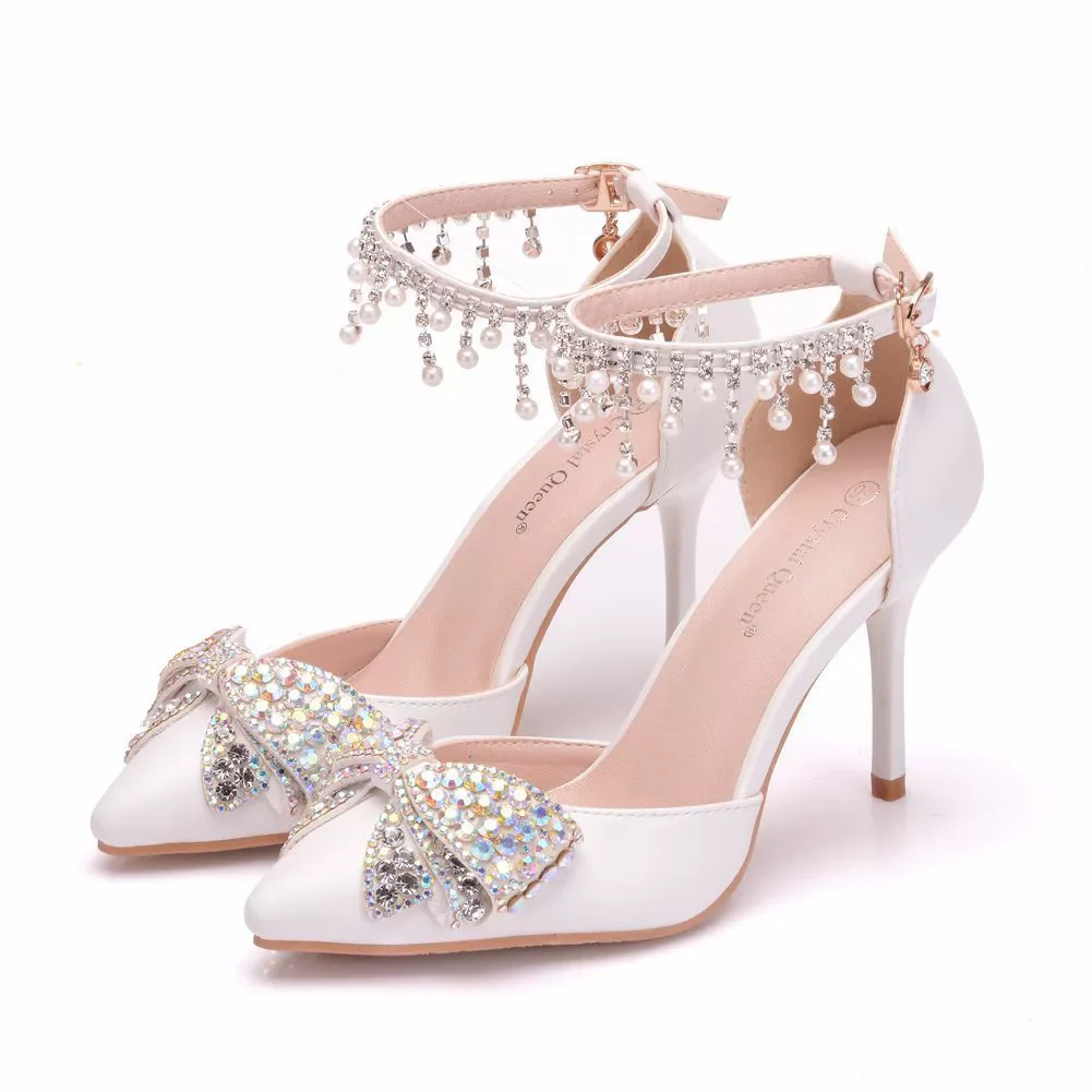 

Spring and summer pointed toe hollow rhinestone bow pearl chain wedding shoes banquet large size thin high-heeled women's sandal