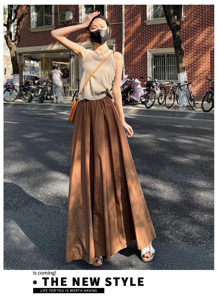 Spring Summer Women Black White Elegant Oversized Long Skirt French Fashion Brown High Waist Vacation Pleated Half Skirt Popular